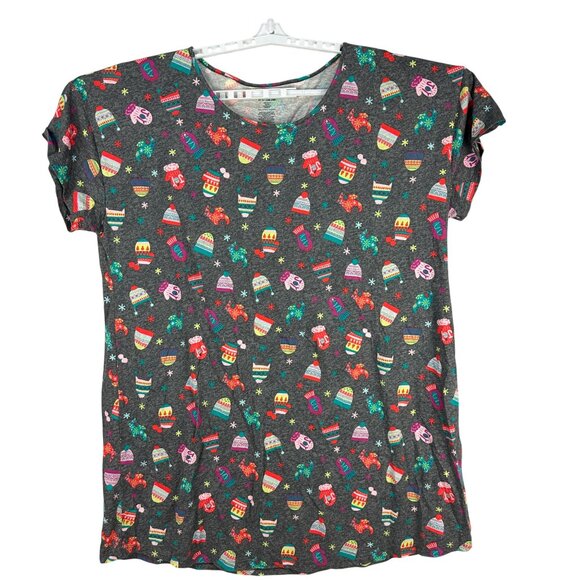 Secret Treasures Womens Grey Sleepwear Top Festive Winter Hat & Mitten Print - Picture 1 of 3